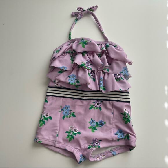 Janie and Jack Ruffle Halter Swimsuit Floral Stripe Retro 12-18 Months - Picture 4 of 14